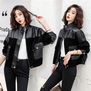 春季秋季短款显瘦muji风嘻哈风立领皮衣拼接女装春秋时尚休闲百搭，女装皮衣，缘衣格