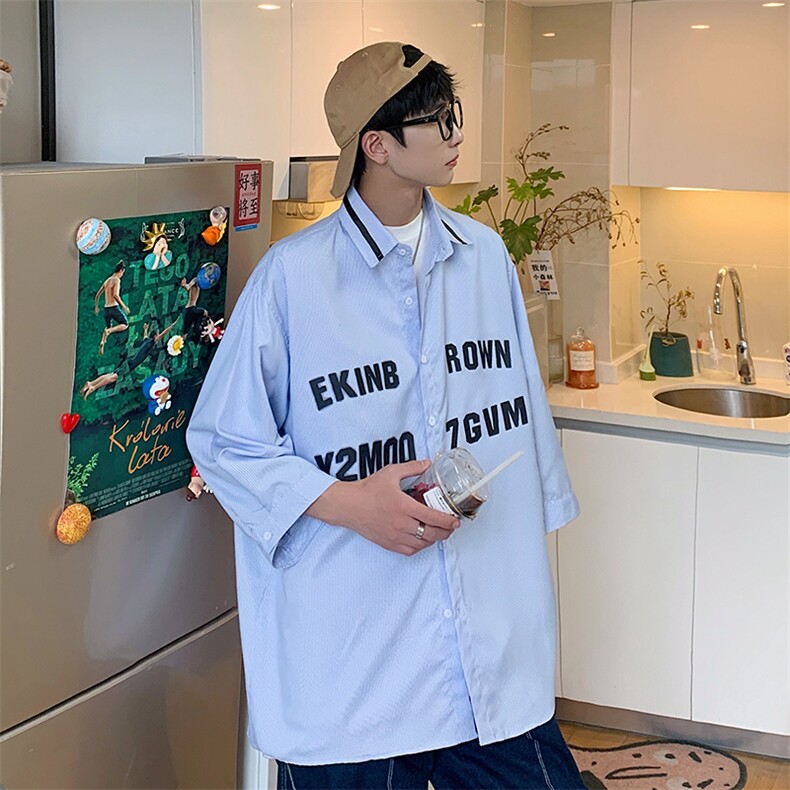 1港风竖条纹大码M-5XL中性风情侣潮七分袖衬衫男QCS7018P45控69，男装衬衫，星座226-2