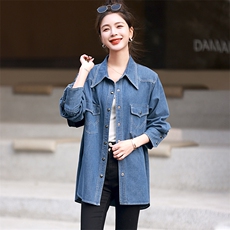 牛仔衬衣女早春秋欧货爆款2025新款设计感大码胖mm中长款衬衫上衣，女装衬衫，丽影随形