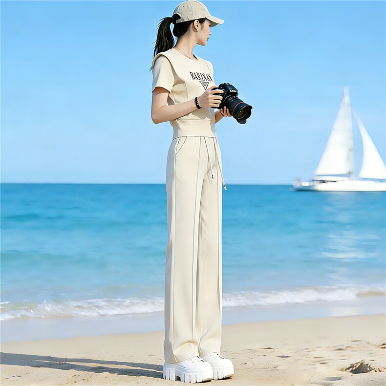 小众设计感时尚运动休闲套装女夏圆领字母短袖上衣休闲长裤两件套图片