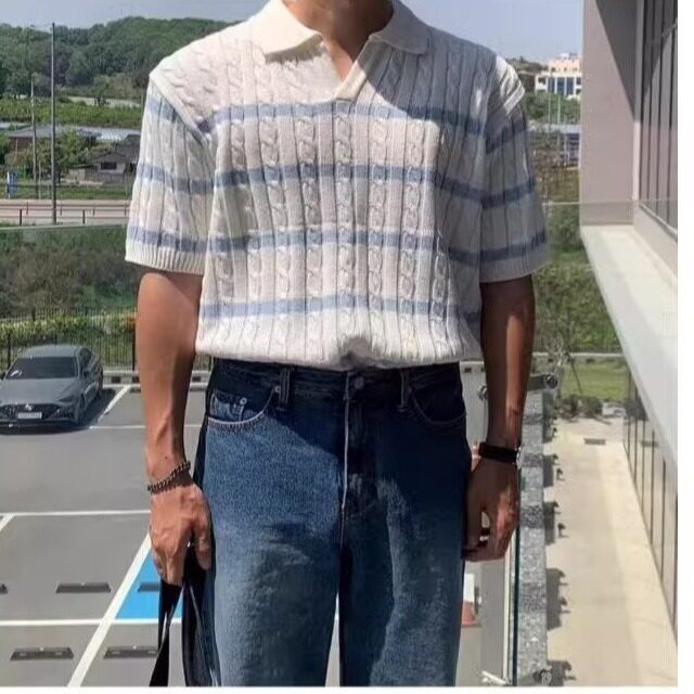 潮流ins夏白色条纹日系针织衫翻领Polo衫原宿无品牌新款日系简约,男装针织衫/毛衣,星座1210-1
