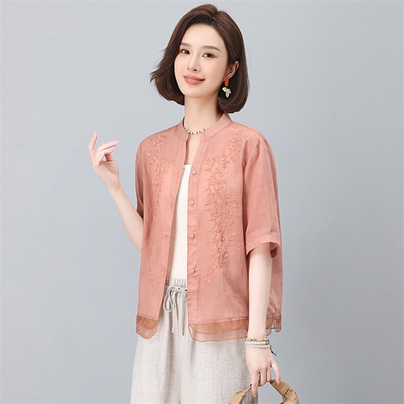 苎麻刺绣女夏2025新款宽松中年妈妈减龄天丝亚麻阔腿裤,女装衬衫,忆绮罗