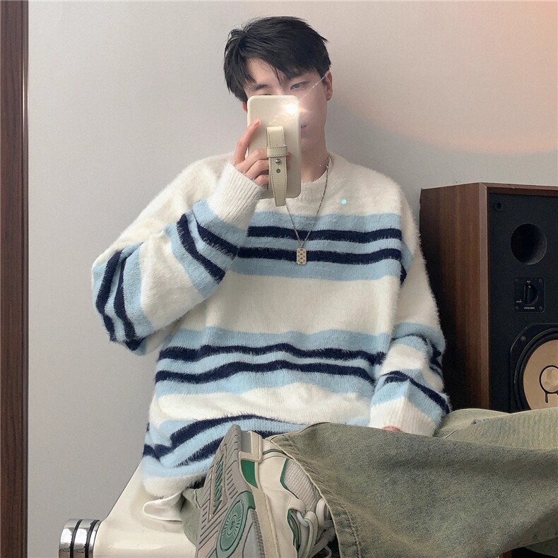 仿貂绒撞色条纹毛衣男秋冬季潮牌慵懒风宽松休闲男生圆领针织衫，男装针织衫/毛衣，星座506A