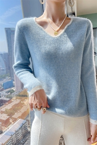 秋冬新款V领撞色100%纯羊毛衫长袖毛衣女抽条宽松羊绒针织打底衫图片