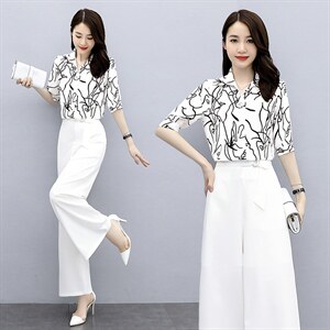 套装女2023年夏装新款女装时尚休闲气质印花上衣阔腿裤套装两件套图片