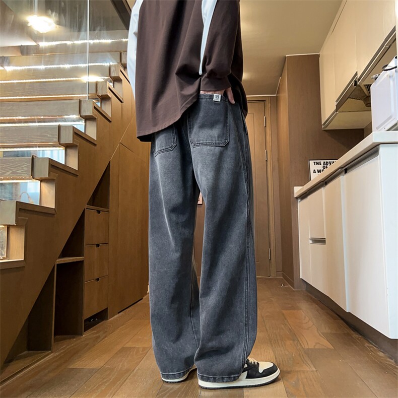春季宽松直筒牛仔裤男生美式潮牌百搭拼接工装阔腿长裤J8072-P45,男装牛仔裤,星座509