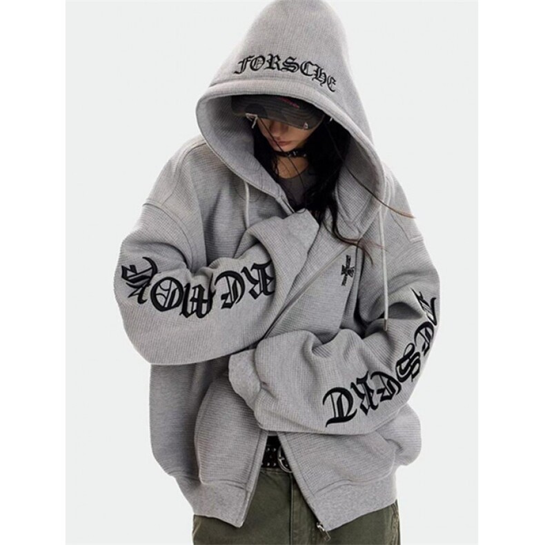 哥特风十字架刺绣外套女春秋情侣小众高街华夫格开衫卫衣W9036，女装短外套，星座1116A（原606A-3）