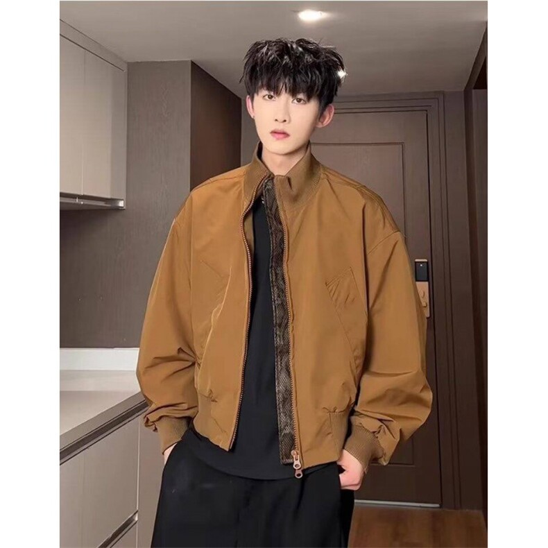 潮老怪纯色简约百搭青年痞帅工装夹克男2025春季时尚学生上衣外套，男装夹克，四季星座505