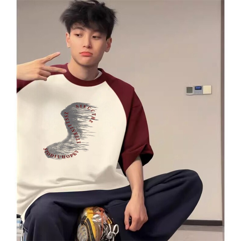 抖音得物高品质二开240克宽松纯棉美式潮牌插肩袖拼接短袖T恤,男装T恤,电商A486-1