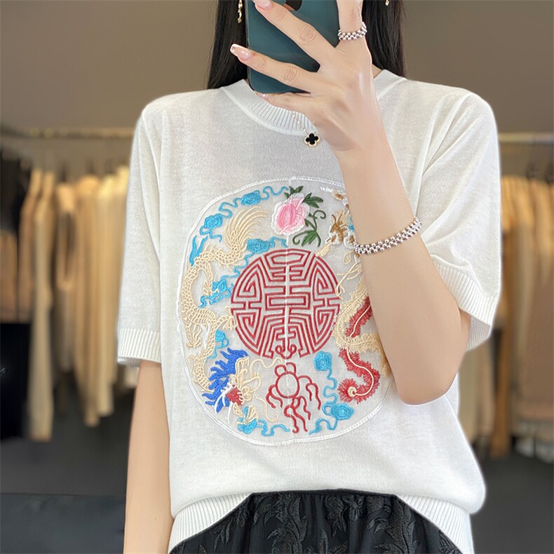 2025春夏时尚流行体恤上衣新中式女装中国风刺绣短袖T恤女士大码,女装羊毛衫,朝贺羊绒