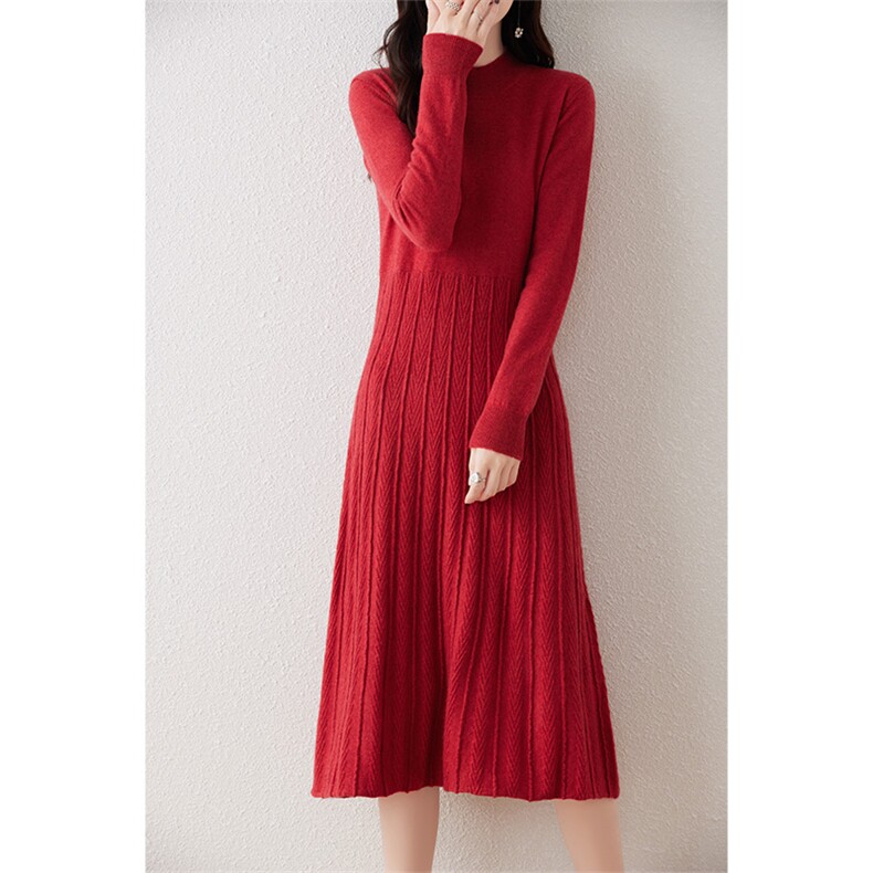 圆领气质秋冬新款修身显瘦长袖打底羊毛针织连衣裙，女装连衣裙，绒汀羊绒