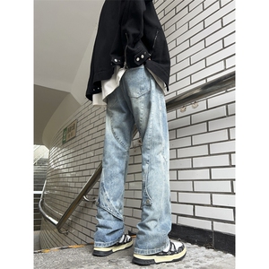 春美式修身裤子男复古拼接水洗做旧潮牌拖地牛仔裤N0505-P50图片