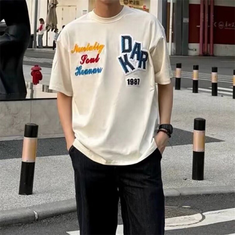 万针全刺绣工艺抖音得物高品质260克重磅纯棉双纱美式高街短袖T恤,男装T恤,电商A486