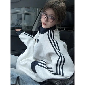 W45-P38    美式撞色条纹运动开衫卫衣男女学院风休闲夹克外套图片