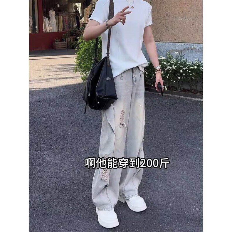 设计款水洗破洞牛仔裤男女美式高街弯刀长裤情侣拖地裤LA4366-p55,男装牛仔裤,星座1008