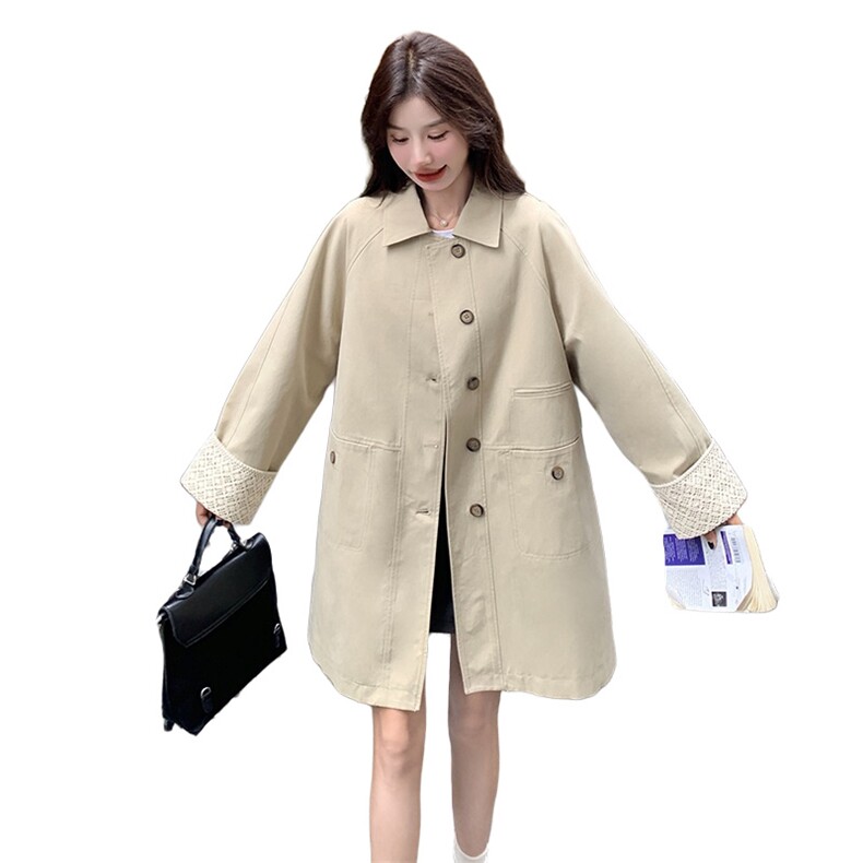蕾丝拼接翻领风衣外套女春秋中长款高级感学院风减龄法式大衣夹克,女装风衣,浙宝212A