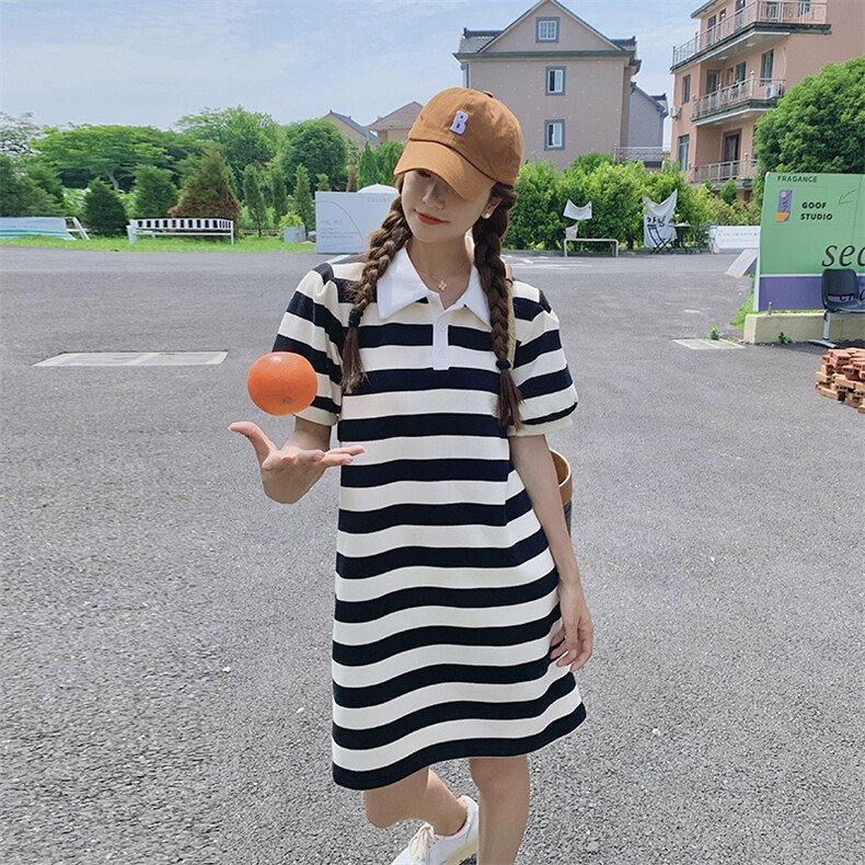 慵懒风休闲条纹拼色T恤连衣裙女2025夏季新款宽松遮肉Polo衫裙子,女装连衣裙,唯依ONLY