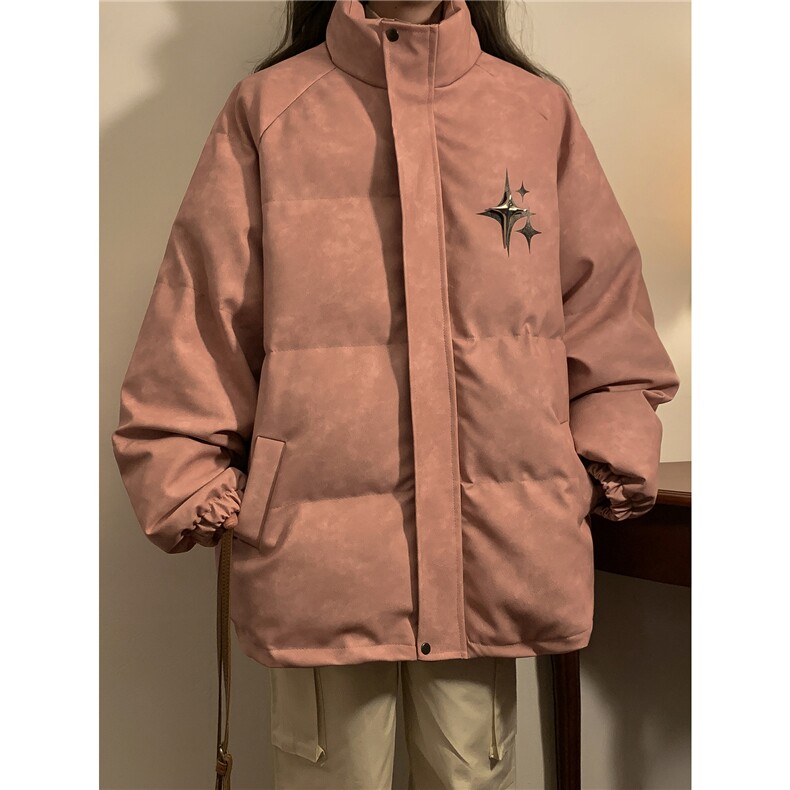 中性风PU皮复古做旧可拆卸四芒星胸针设计棉衣男MY77721P128控168，男装棉衣，星座227-7