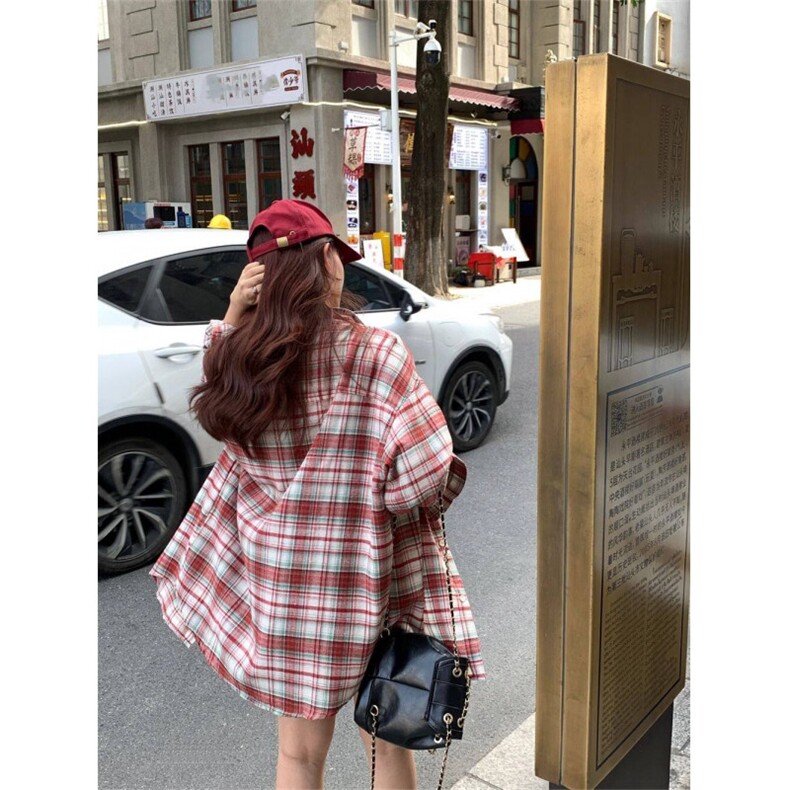 TC632-P45美式复古红格子衬衫女春夏季2026新款Polo领衬衣,女装衬衫,星座617A-2
