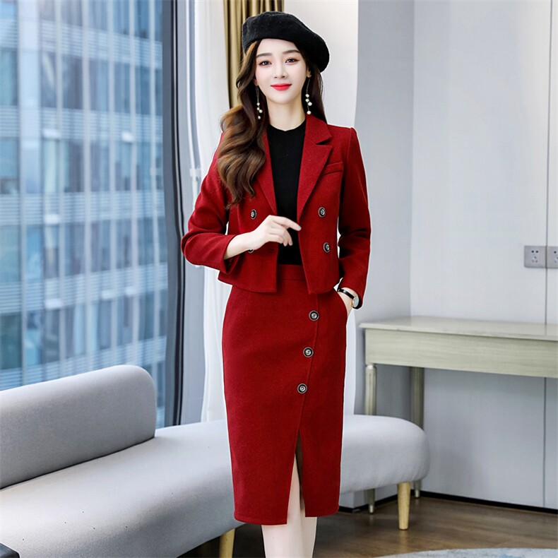 职业毛呢套装女2024春秋新款时尚气质女神范短款西装开叉裙两件套,女装套装/套裙,韩美纤衣