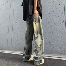 复古休闲做旧牛仔裤学生时尚百搭款垂感宽松阔腿拖地牛仔裤男，男装牛仔裤，星座1013