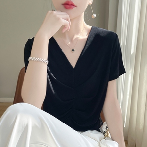 夏季新款V领真丝缎面褶皱纯色短袖t恤女薄款气质显瘦半袖打底上衣图片