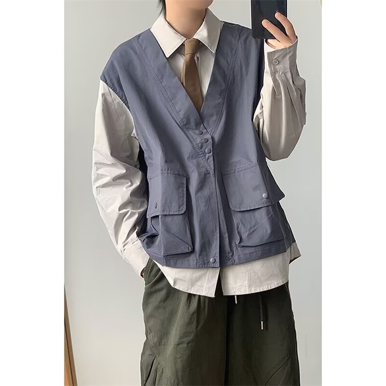 港风秋款男假两件衬衫马甲撞色工装大口袋休闲衬衣CS0106 P50图片