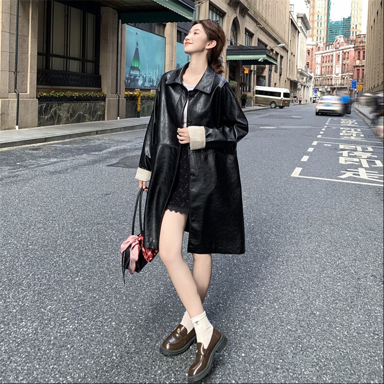 黑色韩里韩气ins风长款皮衣外套女2025秋季新款条纹拼接pu皮夹克图片