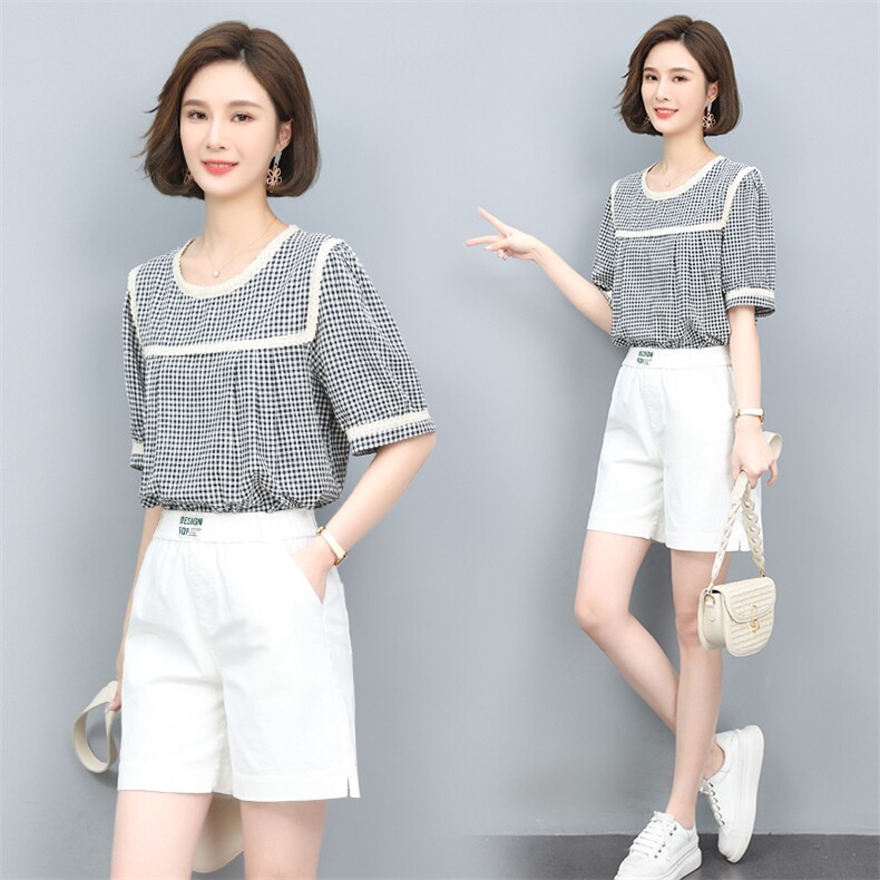 短裤套装夏季女2024新款宽松显瘦格子上衣洋气减龄时尚两件套,女装套装/套裙,涵誉