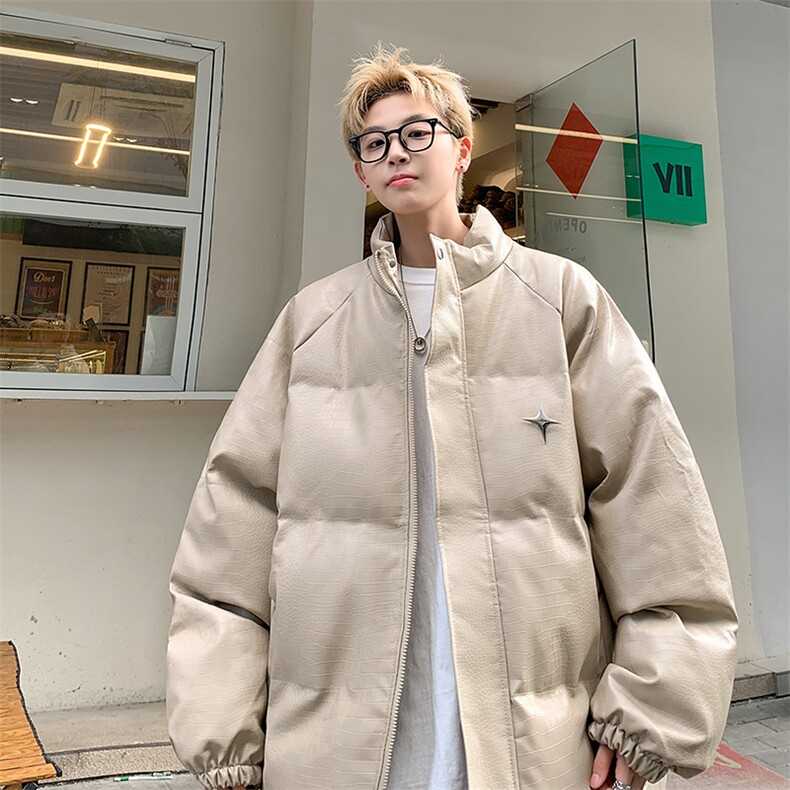 男PU皮棉衣男宽松立领加厚凹凸钢印充棉棉袄MY8699/P115杏色8,男装棉衣,电商A094