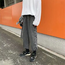 主推 新款港风ins百搭休闲束脚牛仔裤宽松腰果花直筒裤kk299-p45图片