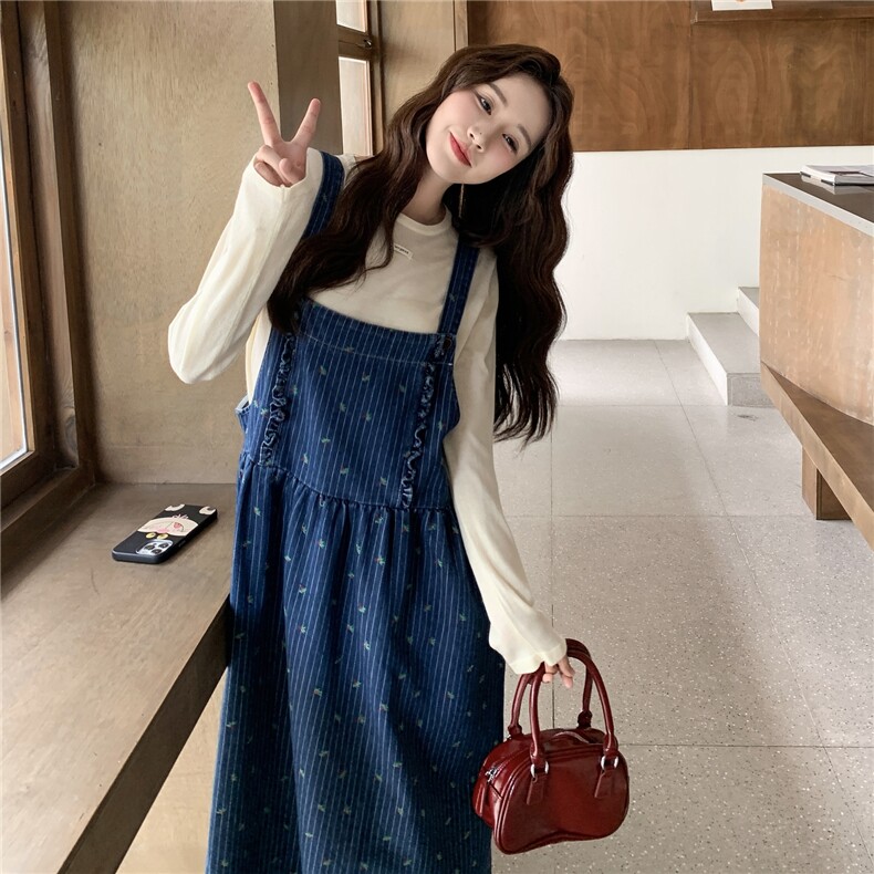 休闲T恤碎花牛仔背带连衣裙套装女春秋季2025新款学院风减龄裙子,女装套装/套裙,2C057