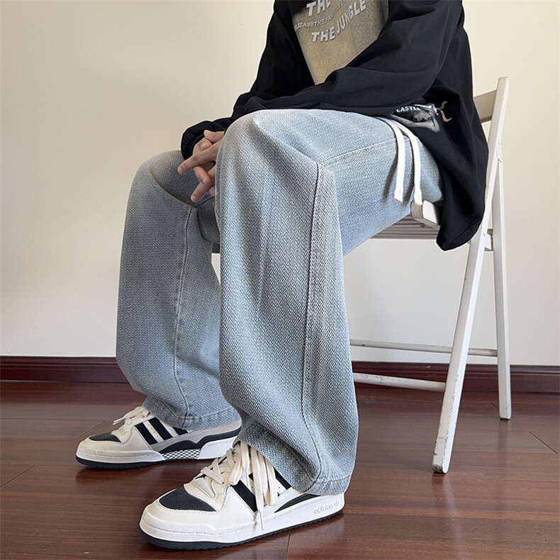 KP872 P65港风抽绳水洗牛仔裤休闲裤直筒拖地裤图片