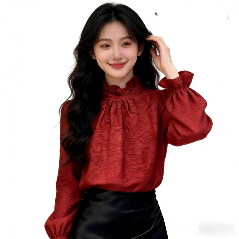 优雅风2026年春季套头木耳边提花长袖时尚衬衫女，女装衬衫，微微衣阁