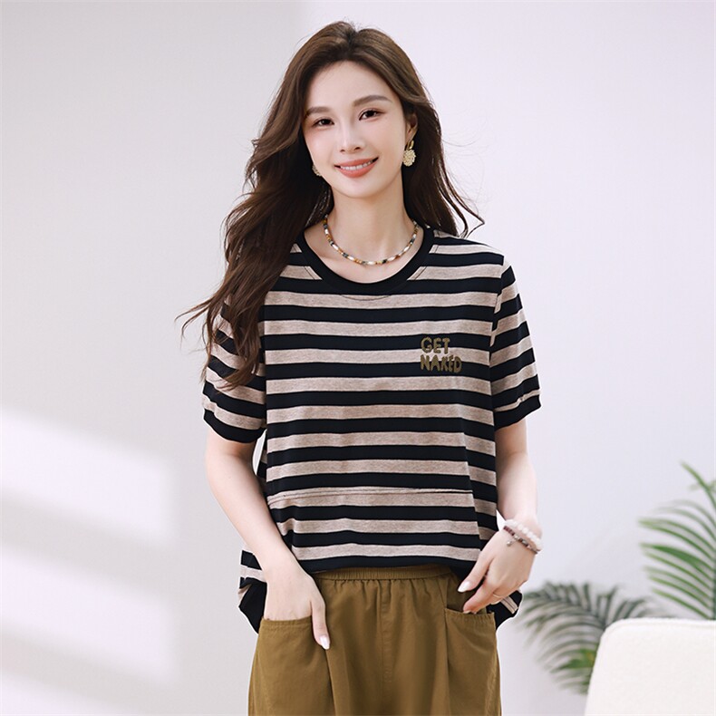 复古条纹撞色正肩短袖t恤女2025新款夏季圆领设计感小众上衣体恤,女装T恤,梦芯尔