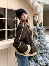 【现货】冬季新款PU皮复合羊羔毛加厚机车风外套2563款P210-K288，女装羊羔毛/颗粒绒，浙宝301