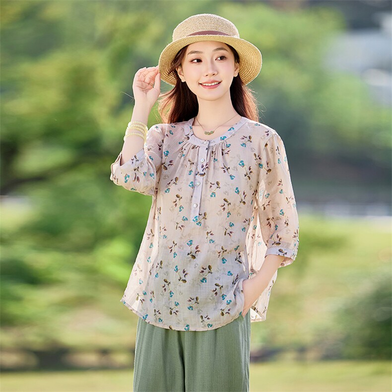 2026年夏季文艺风短袖宽松薄苎麻,女装衬衫,江南依恋
