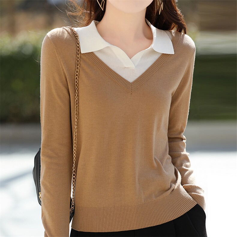 长袖纯色2024年秋季翻领套头时尚气质针织衫，女装针织衫/毛衣，冀清阳荣