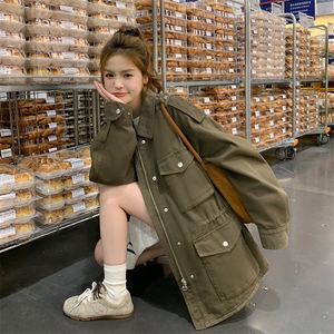 女常规长袖拉链中长款翻领短外套上衣秋季风衣大衣春秋小个子短款图片