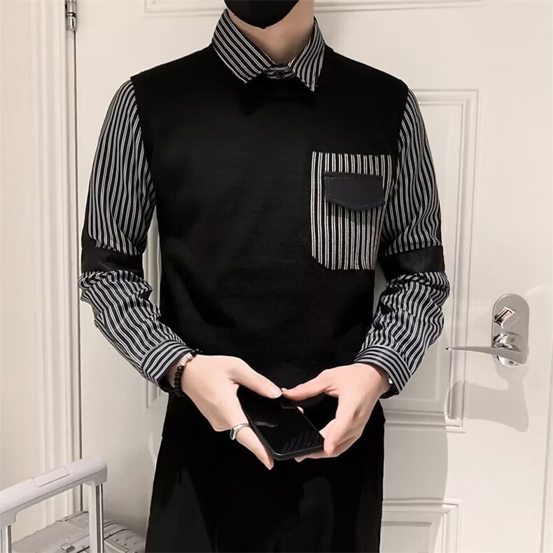 冬季衬衫领毛衣男士假两件针织衫条纹拼接宽松潮流打底Q141,男装针织衫/毛衣,星座1116A-2（原606A-1）