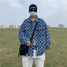 美式棋盘格牛仔外套男女潮牌炸街宽松休闲痞帅W028-P70，男装工装外套，星座1109-3