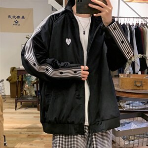 拼接条纹排扣宽松丝绒夹克外套男J112P60图片