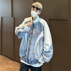 美式街头牛仔拼接刺绣立领夹克男女宽松百搭休闲潮流外套B18/P95，男装夹克，星座506