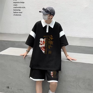 男生酷帅穿搭套装高街polo衫短袖男青少年帅气搭配一整套大码衣服图片