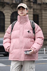 港风冬季新款棉衣男印花宽松PU皮立领面包服大码外套男MY625-P128，男装棉衣，星座505-3