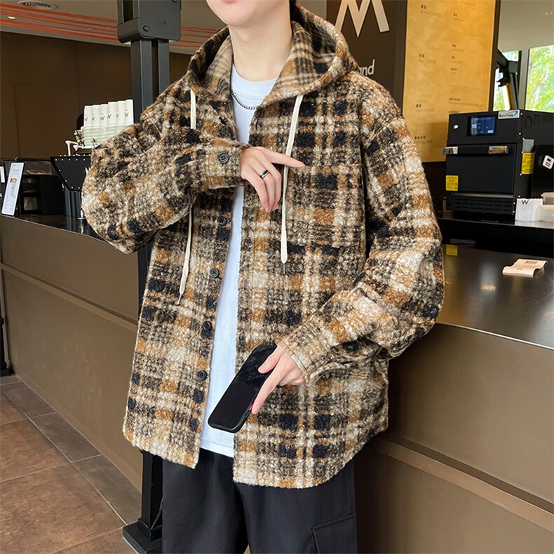 秋冬圈圈毛男装夹克外套呢料加厚格子港风衣连帽衬衫5730P60,男装风衣,电商A056