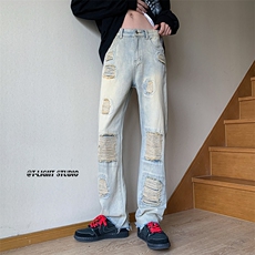 B221美式ins高街暗黑小众修身小脚破洞牛仔裤LK23055-P65控88，男装牛仔裤，电商B221