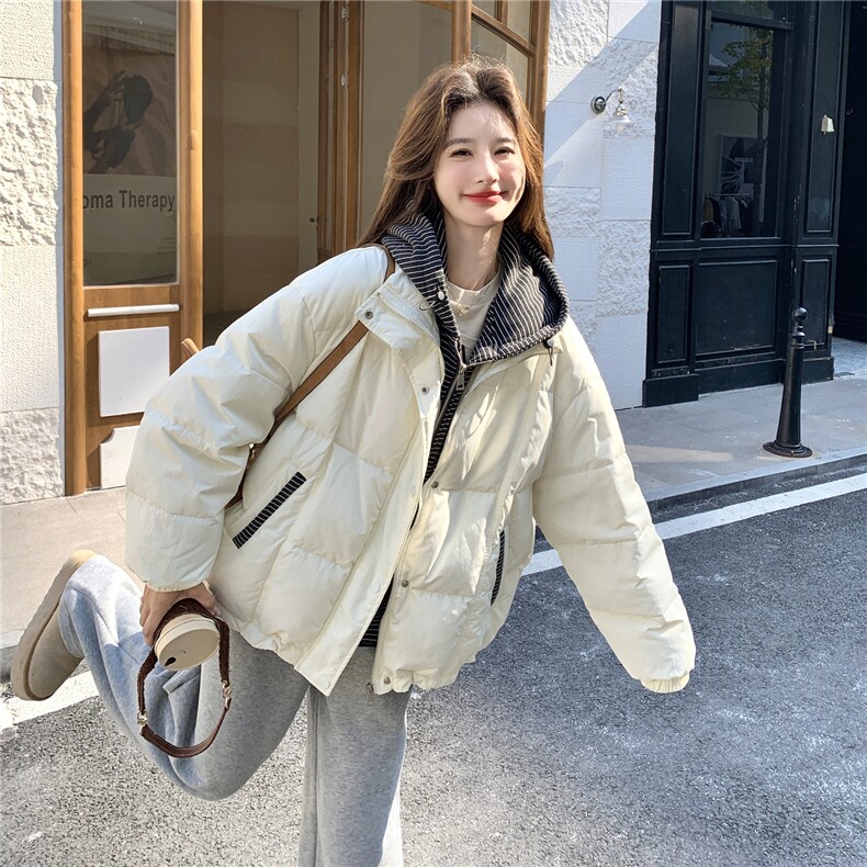设计感假两件条纹连帽羽绒服女冬季宽松加厚面包服保暖外套,女装羽绒服,维壹