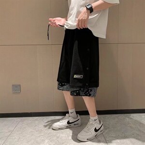 夏季高街宽松短裤男嘻哈排扣腰果花五分裤ins阔腿排扣裤DK156-P28图片