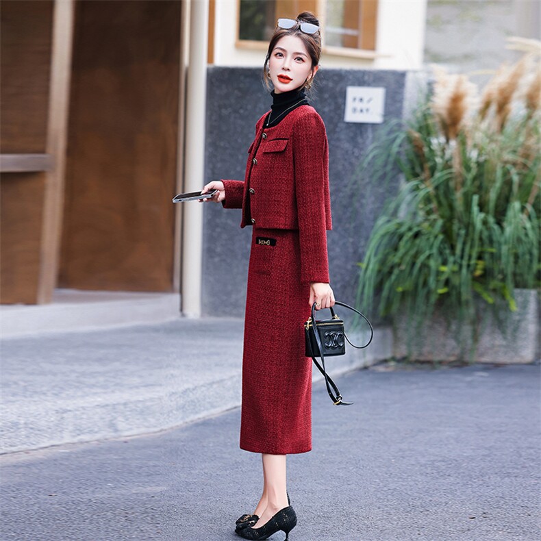 秋冬参加婚礼穿搭回门服新娘结婚便装小个子气质短裙毛呢两件套装,女装套装/套裙,雅静靓衣